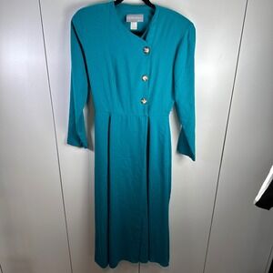 VTG Carol Anderson 4 Teal Button Front Midi Dress Long Sleeve Statement Retro‎